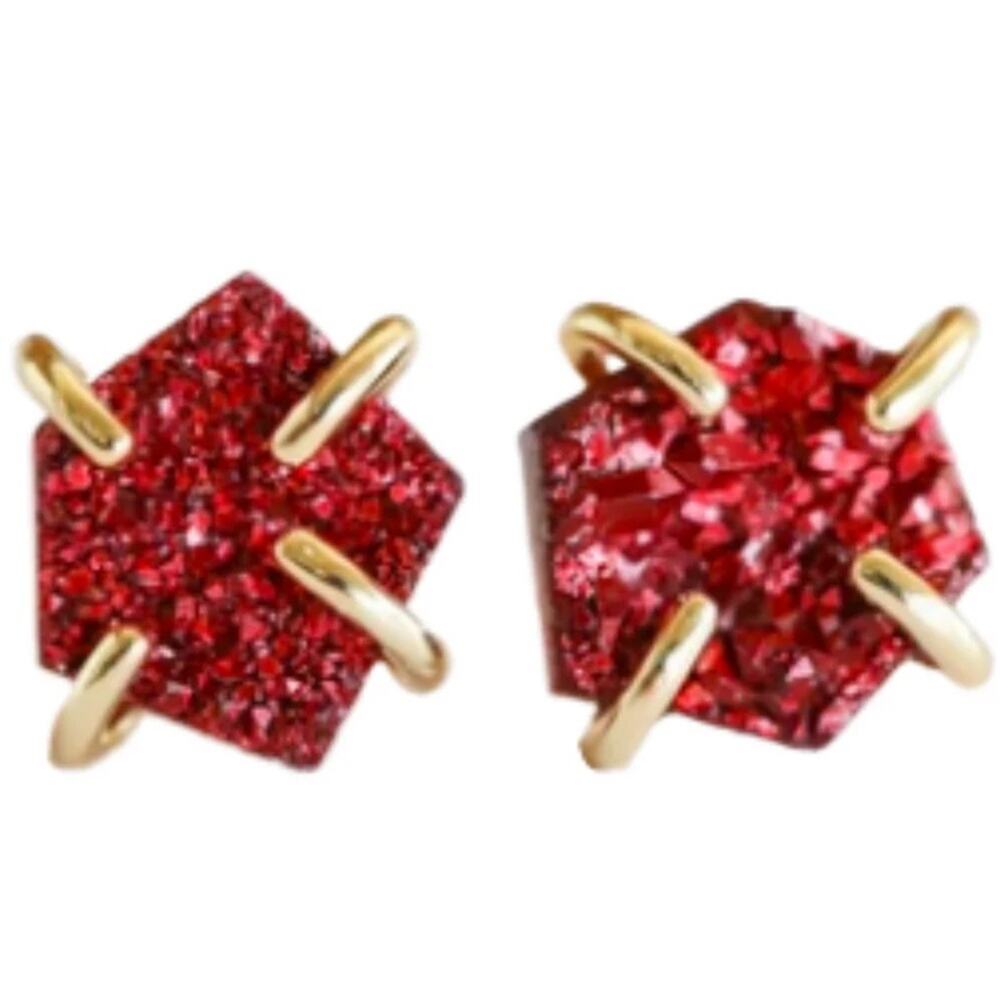 NEW ANTHROPOLOGIE Natural Ruby Red Druzy Stone Gold Earring Studs Jewelry - Picture 5 of 10